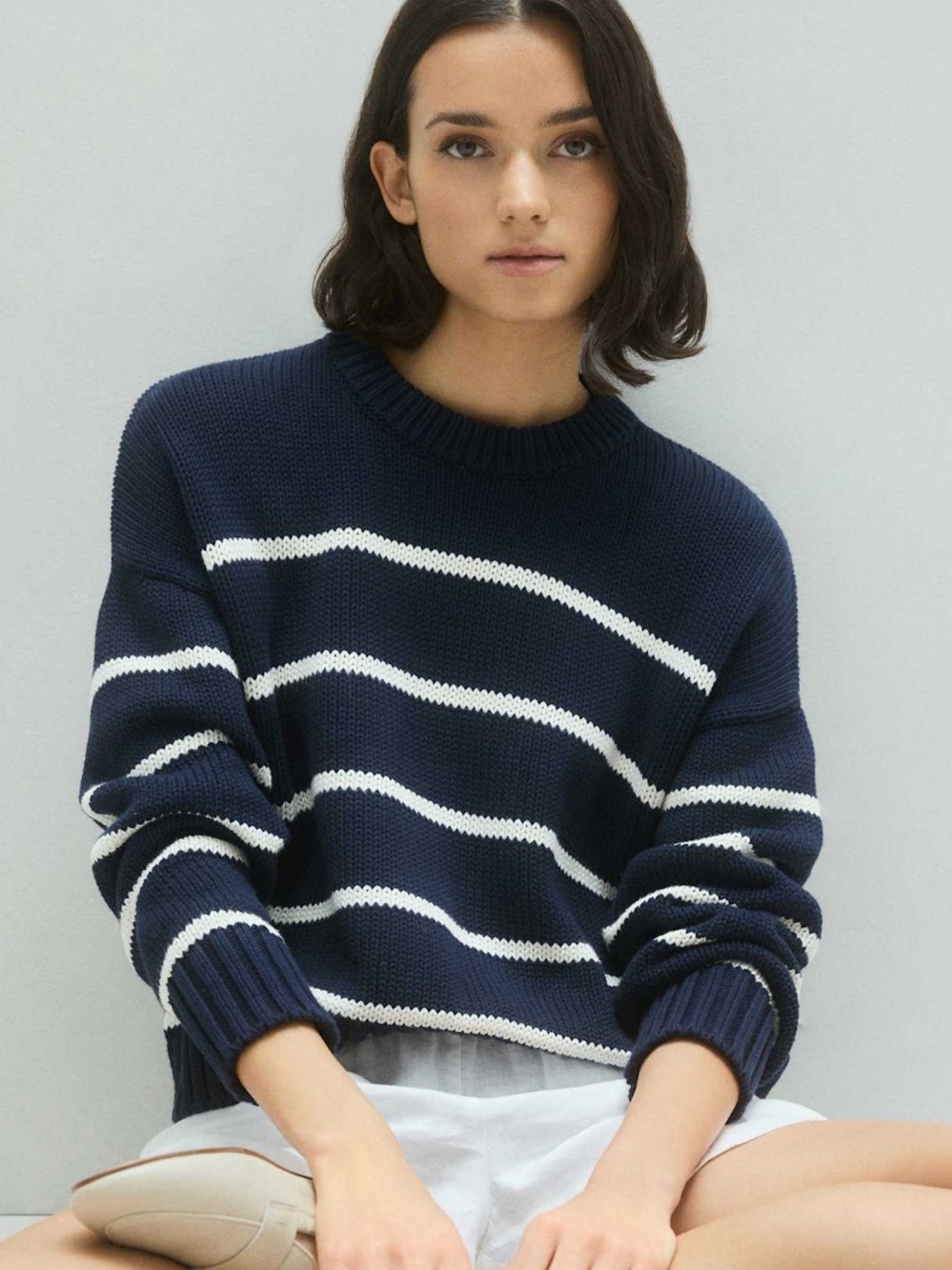 Quince Navy and White Striped Crewneck Sweater